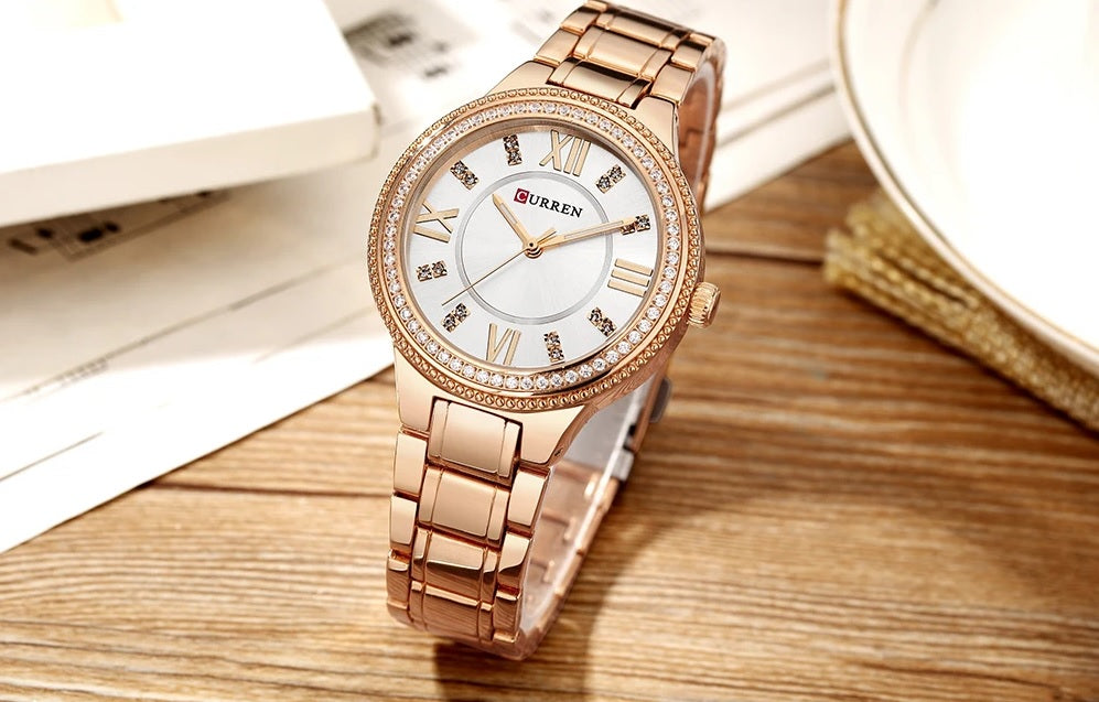 C-9004L Curren white Dial R.G Stainless Chain Steel Analog Quartz Women's Watch.