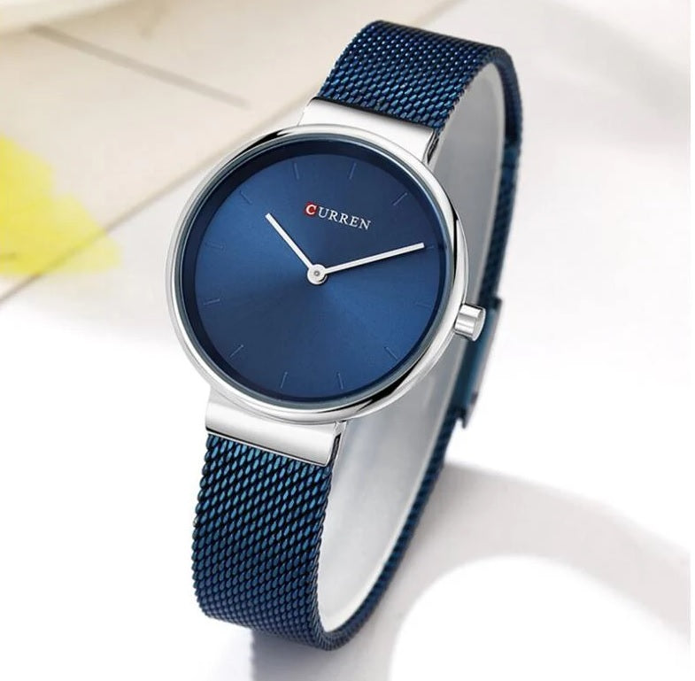 C9016L Curren blue Dial Silver case blue Stainless Steel Band Analog Quartz Women's Watch.
