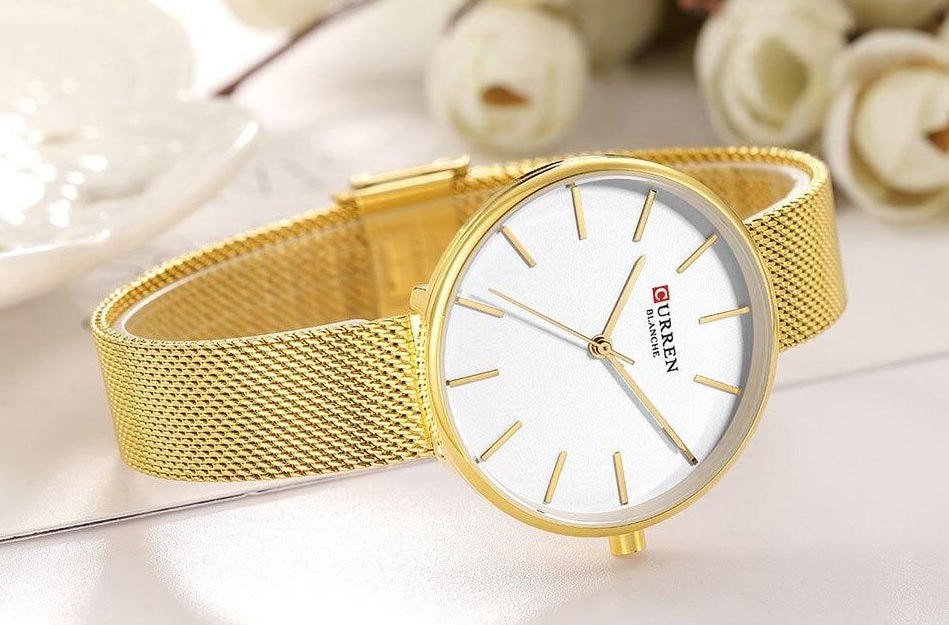 C9024L Curren white Dial & golden Stainless Steel Chain Analog Quartz Women's Watch.