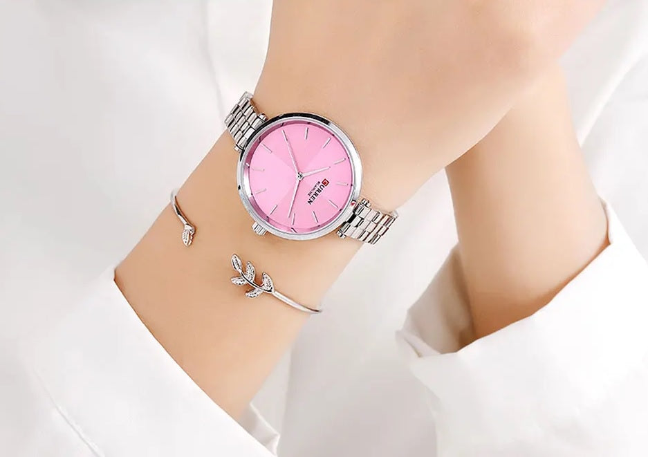 C-9043L Curren pink Dial & Silver Stainless Steel Chain Analog Quartz Women's Watch.