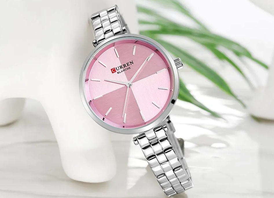 C-9043L Curren pink Dial & Silver Stainless Steel Chain Analog Quartz Women's Watch.