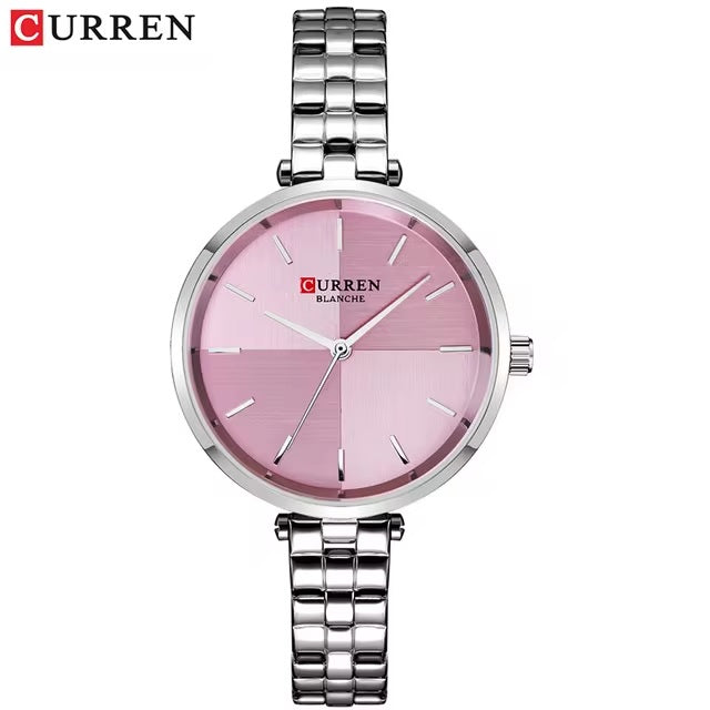 C-9043L Curren pink Dial & Silver Stainless Steel Chain Analog Quartz Women's Watch.