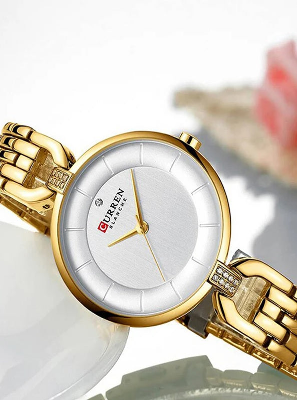 C-9052L Curren  white Dial golden Stainless Chain Steel Analog Quartz Women's Watch.