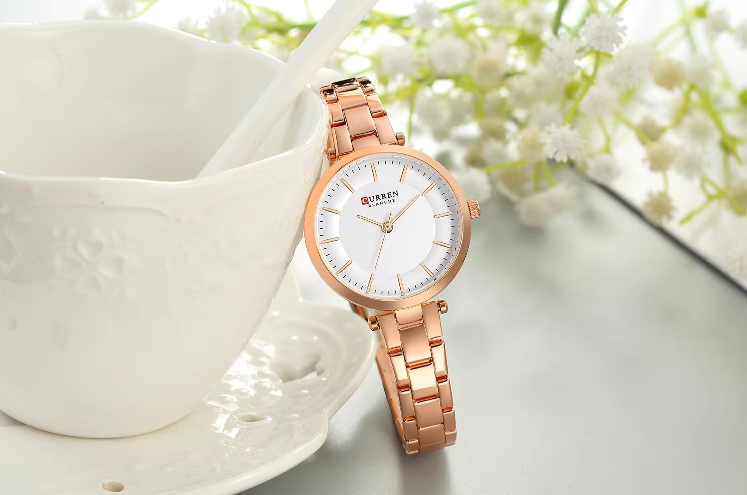 C-9054L Curren white Dial & rose-gold Stainless Steel Chain Analog Quartz Women's Watch.