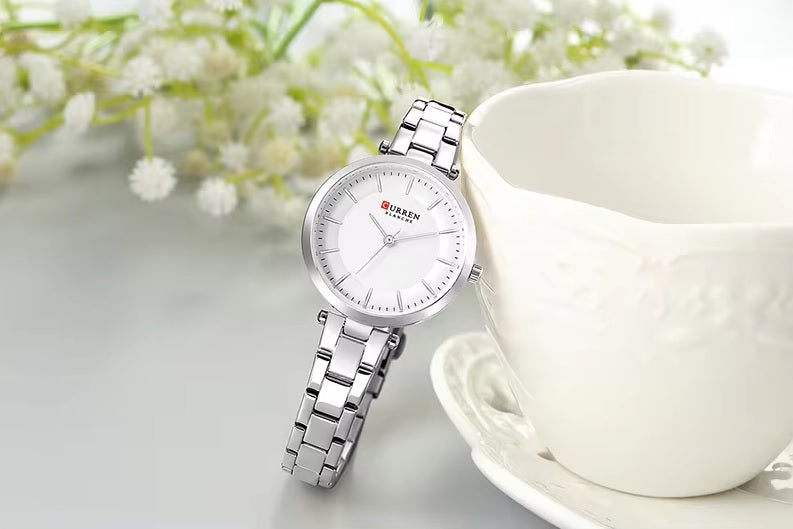 C-9054L Curren white Dial & silver Stainless Steel Chain Analog Quartz Women's Watch.