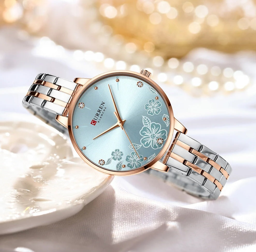 C-9068L Curren sky blue Dial & Silver/Gold Stainless Steel Chain Analog Quartz Women's Watch.
