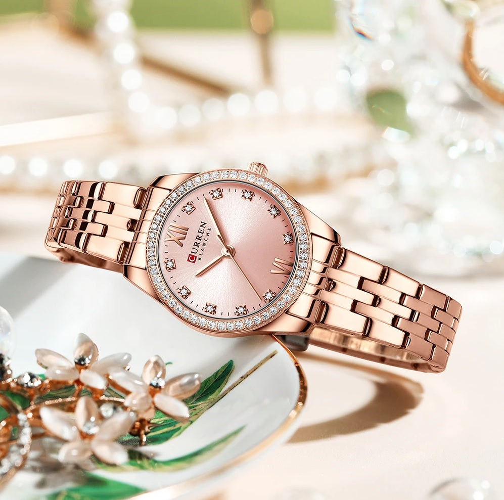 C9086L Curren PINK Dial Rose-gold Stainless Steel Chain Analog Quartz Women's Watch.