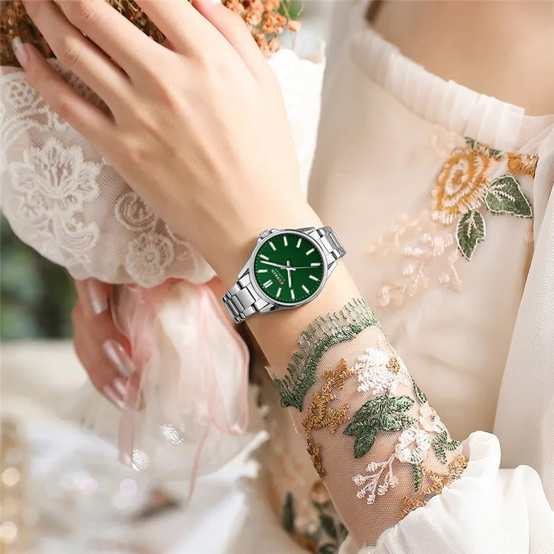 C-9090L Curren green Dial Silver Stainless Steel Analog Quartz Women's Watch.