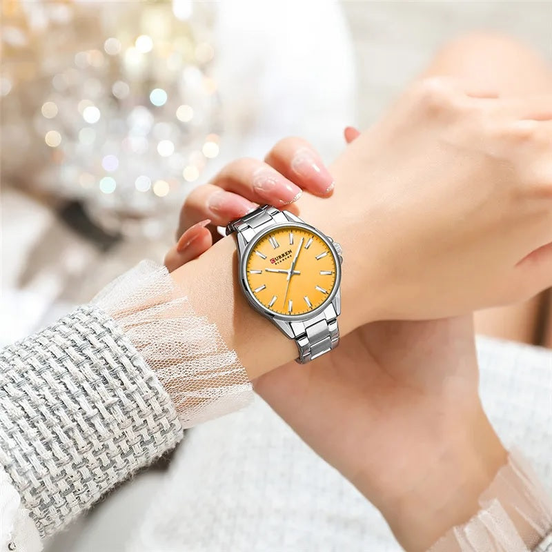 C-9090L Curren yellow Dial Silver Stainless Steel Analog Quartz Women's Watch.