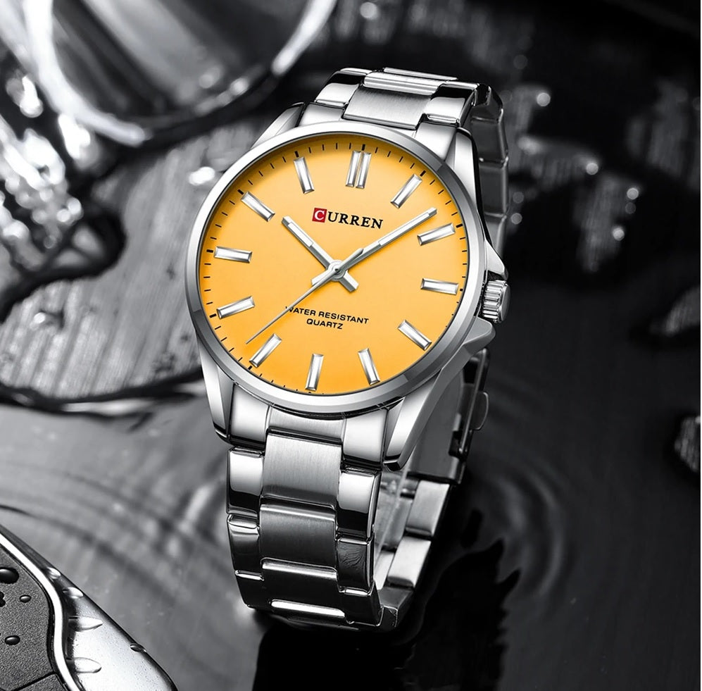 C-9090L Curren yellow Dial Silver Stainless Steel Analog Quartz Women's Watch.