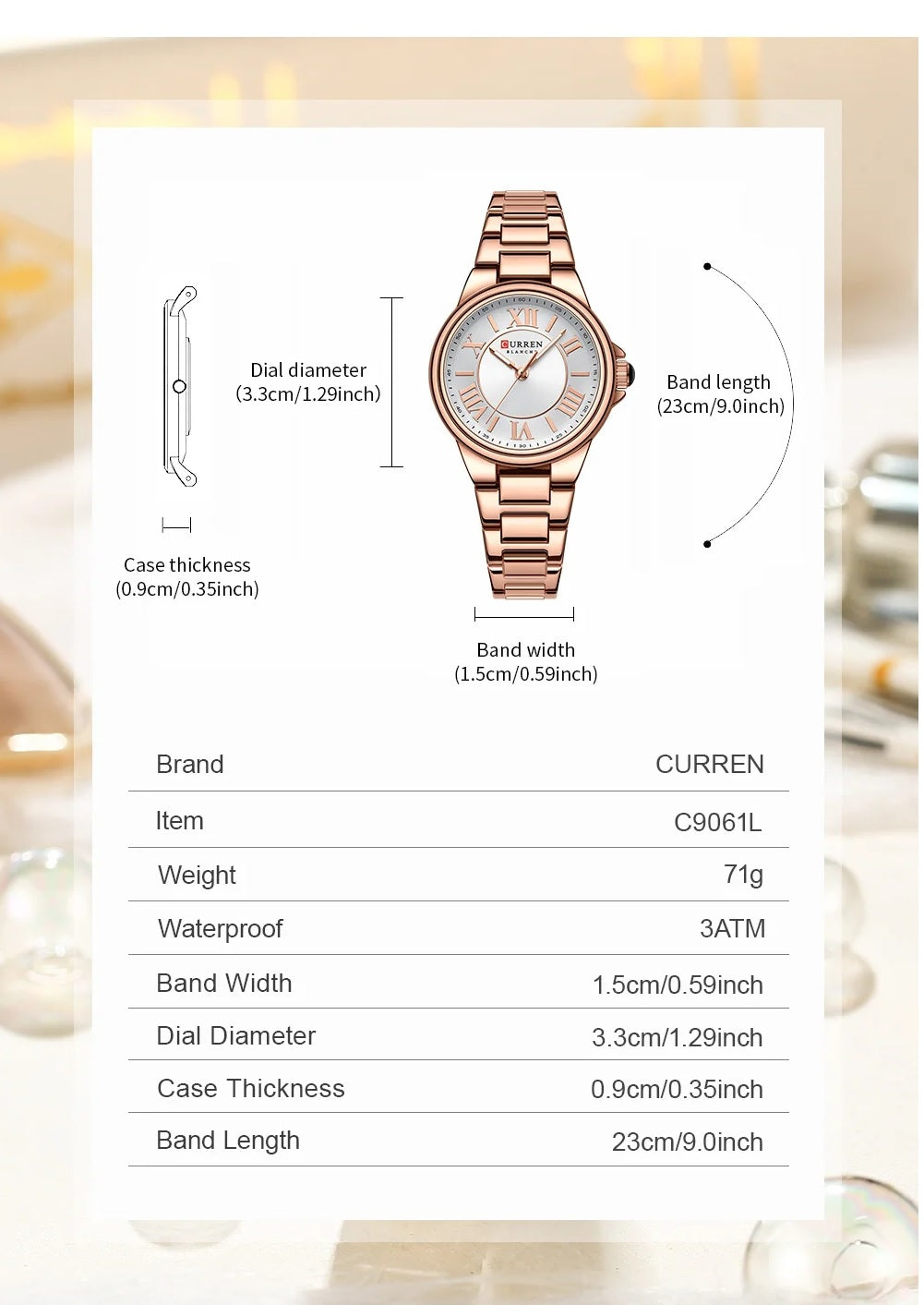 C-9091L Curren Silver Dial rose gold Stainless Steel Analog Quartz Women's Watch.