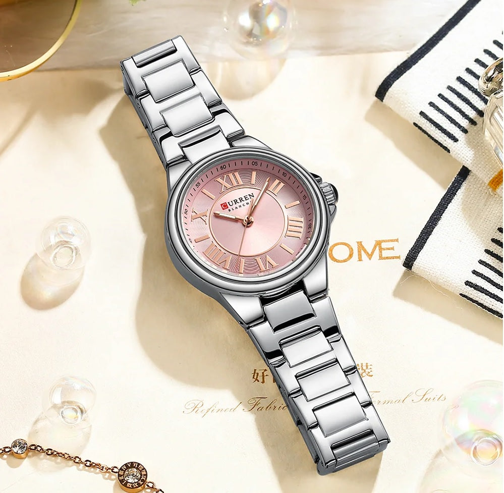 C-9091L Curren pink Dial silver Stainless Steel Analog Quartz Women's Watch.