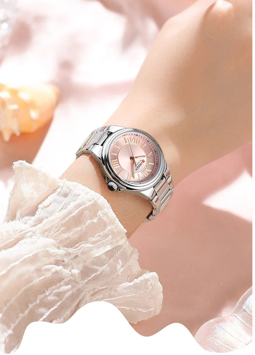 C-9091L Curren pink Dial silver Stainless Steel Analog Quartz Women's Watch.