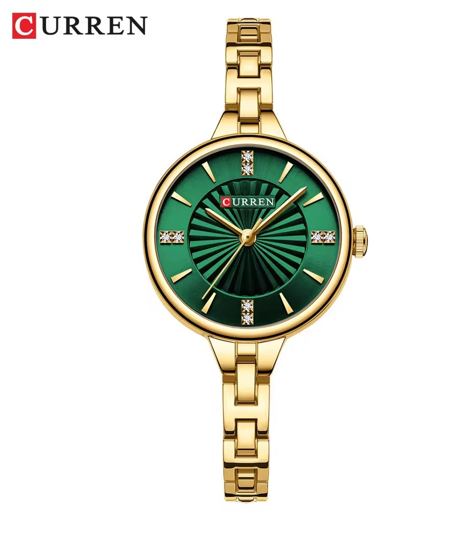 C-9097L Curren GREEN Dial GOLDEN Stainless Steel Chain Analog Quartz Women's fashion Watch.