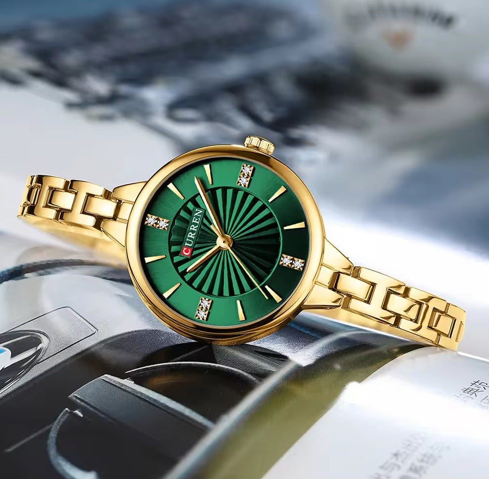 C-9097L Curren GREEN Dial GOLDEN Stainless Steel Chain Analog Quartz Women's fashion Watch.