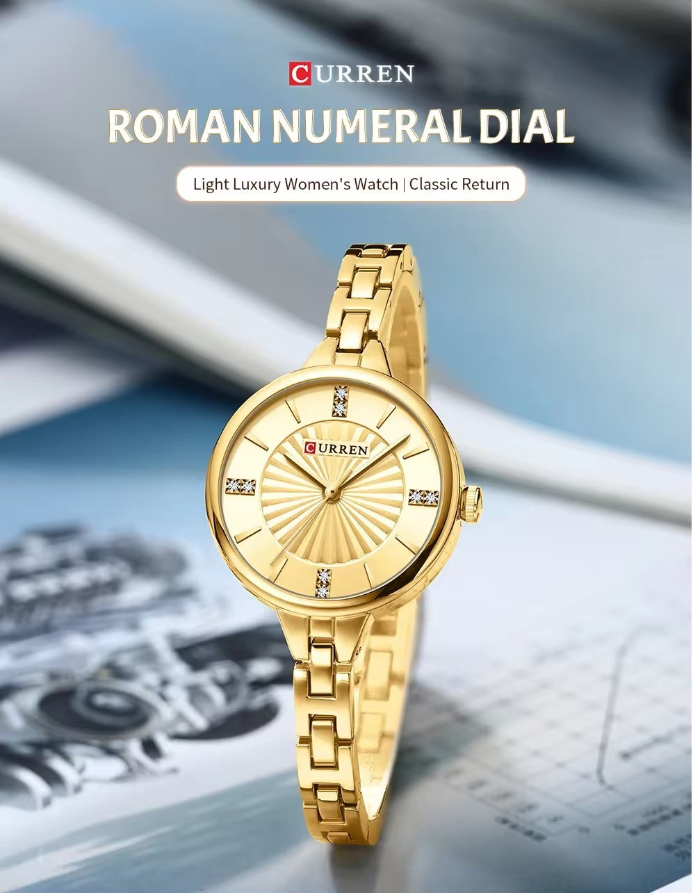 C-9097L Curren GOLDEN Dial GOLDEN Stainless Steel Chain Analog Quartz Women's fashion Watch.