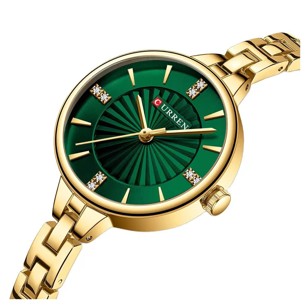 C-9097L Curren GREEN Dial GOLDEN Stainless Steel Chain Analog Quartz Women's fashion Watch.