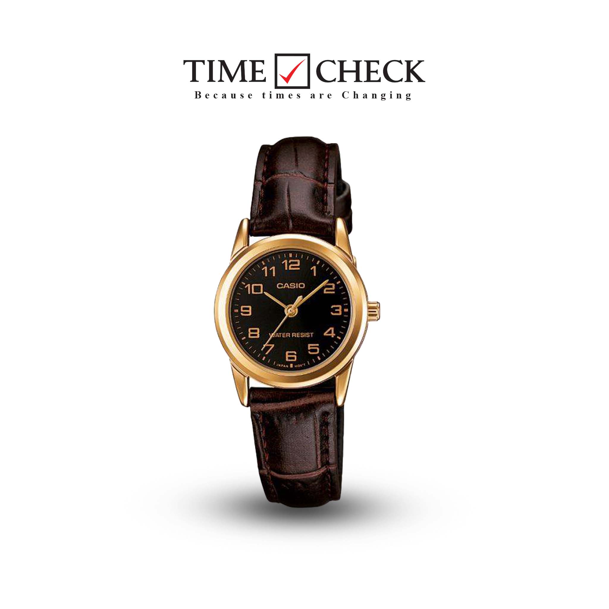LTP-V001GL-1BUDF Casio Black Dial Leather Strap Analog Quartz Women's Watch.