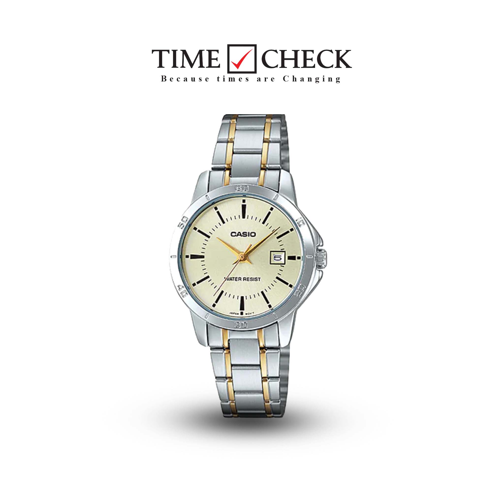 LTP-V004SG-9AUDF Casio yellow Dial Silver Gold Steel Chain Quartz Women's Watch.