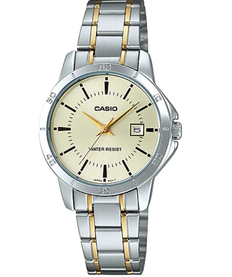 LTP-V004SG-9AUDF Casio yellow Dial Silver Gold Steel Chain Quartz Women's Watch.