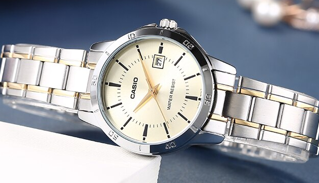 LTP-V004SG-9AUDF Casio yellow Dial Silver Gold Steel Chain Quartz Women's Watch.