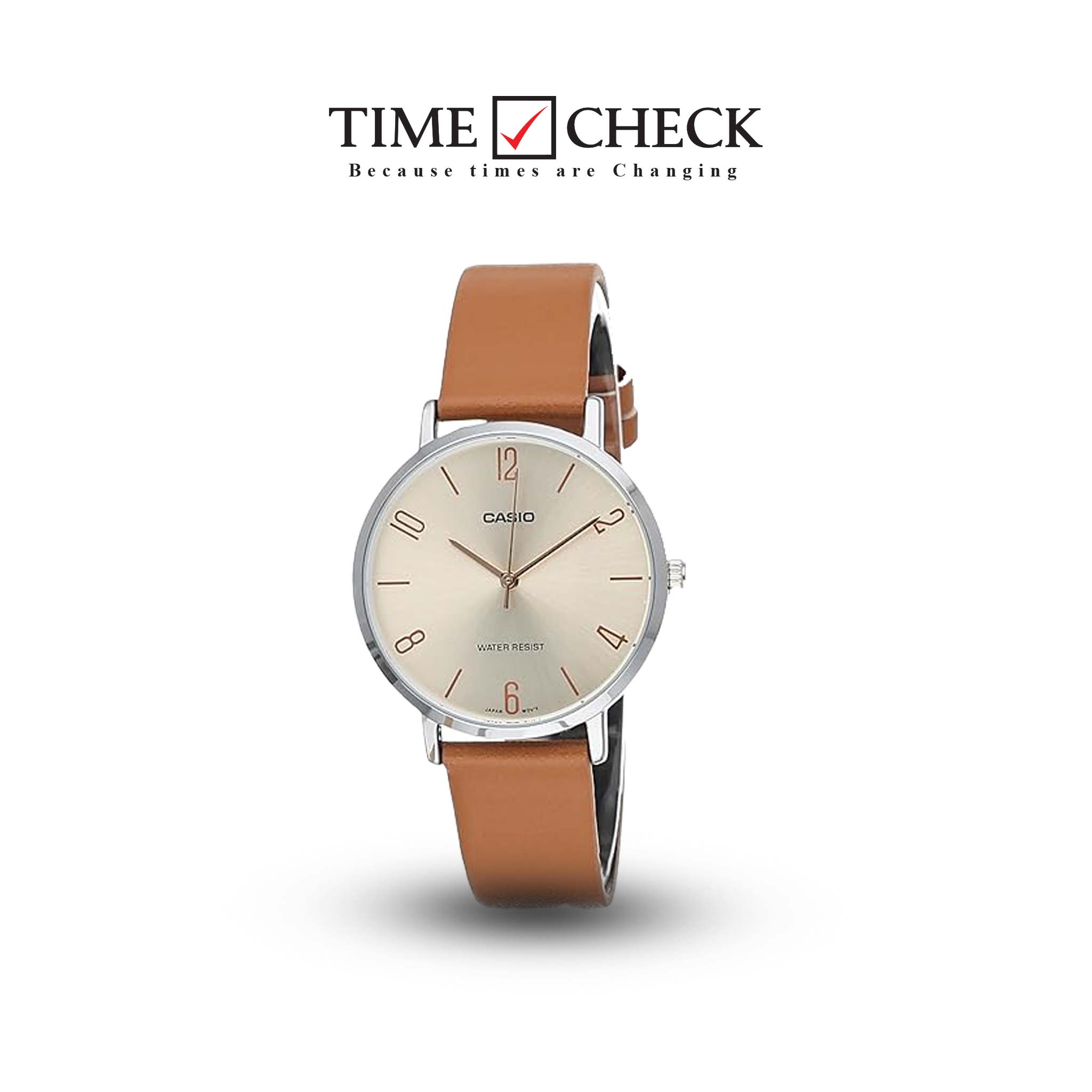 LTP-VT01L-5DUDF Casio Beige Dial Brown Leather Band Analog Quartz Women's Watch.