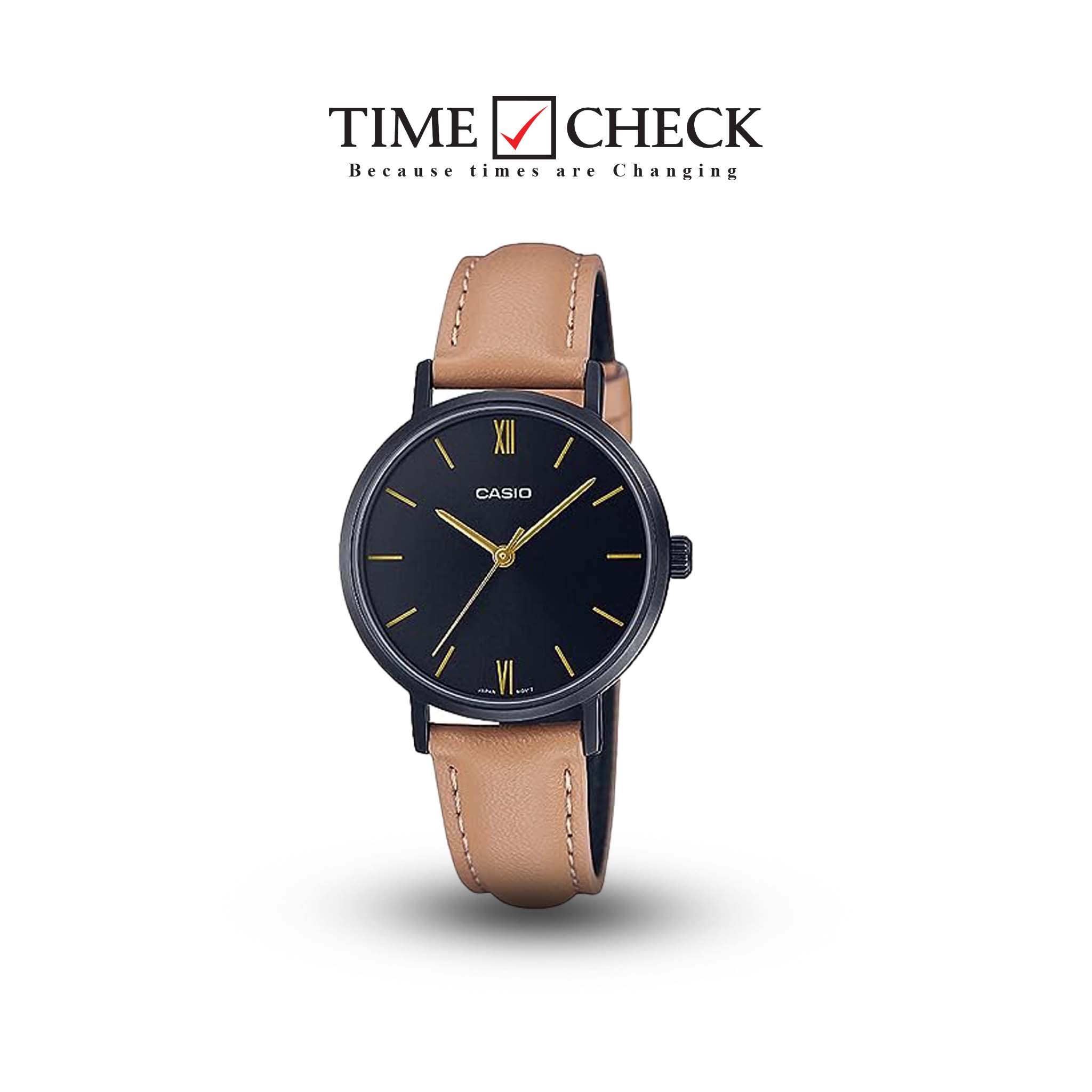 LTP-VT02BL-1AUDF Casio Black Dial Leather Strap Analog Quartz Women's Watch.