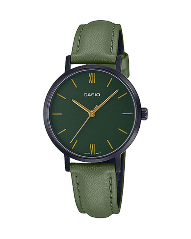 LTP-VT02BL-3AUDF Casio Green Dial Green Leather Strap Analog Quartz Women's Watch.