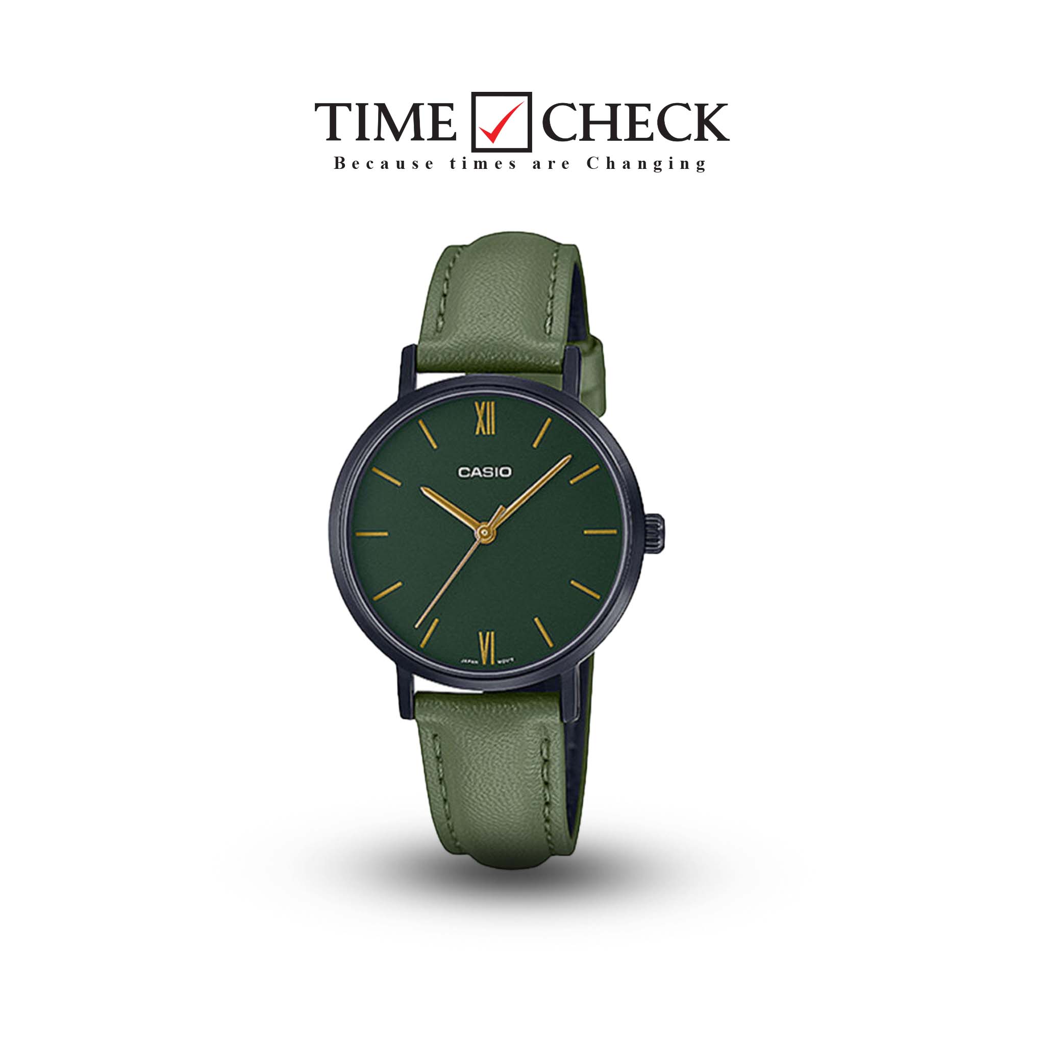 LTP-VT02BL-3AUDF Casio Green Dial Green Leather Strap Analog Quartz Women's Watch.