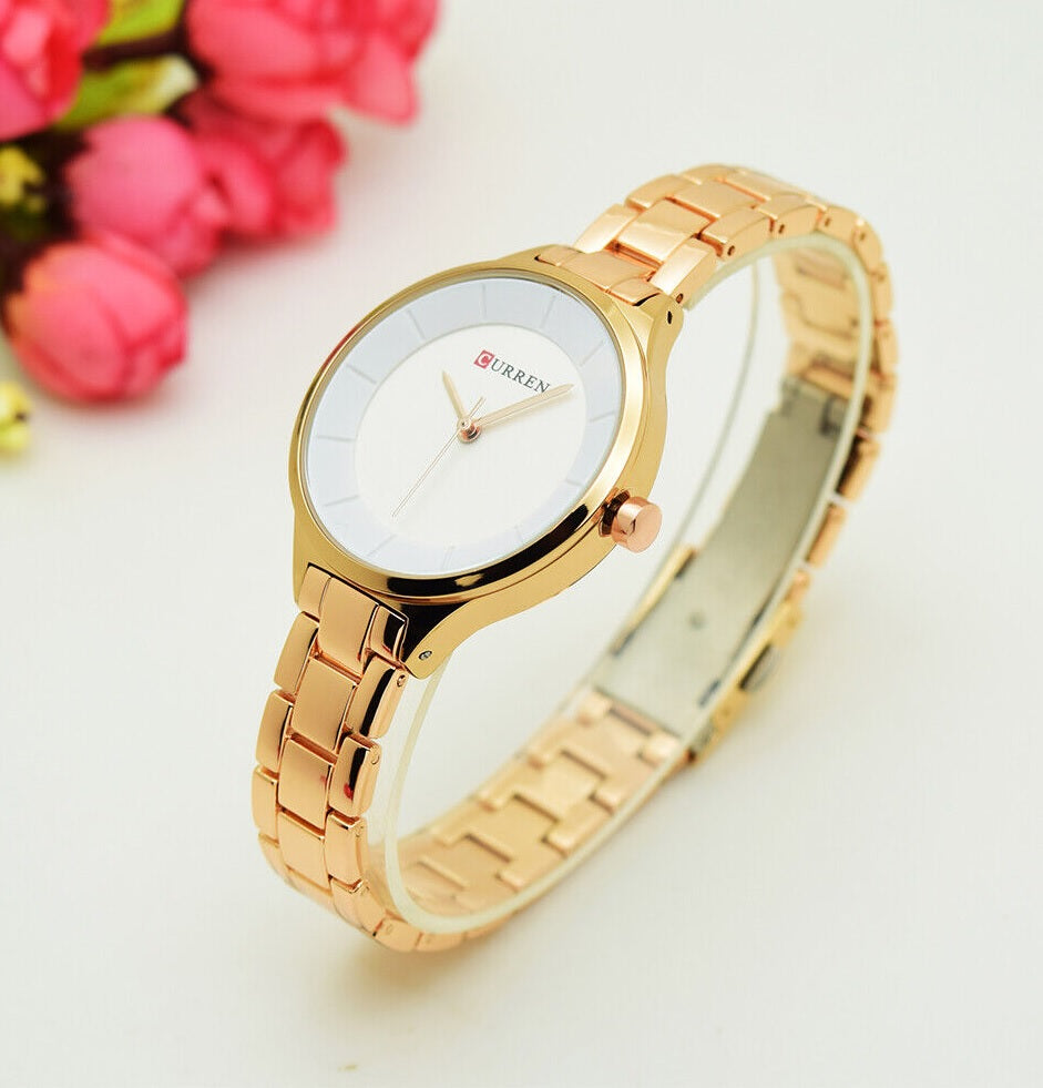 C-9015L Curren SILVER Dial Golden Stainless Chain Steel Analog Quartz Women's Watch.