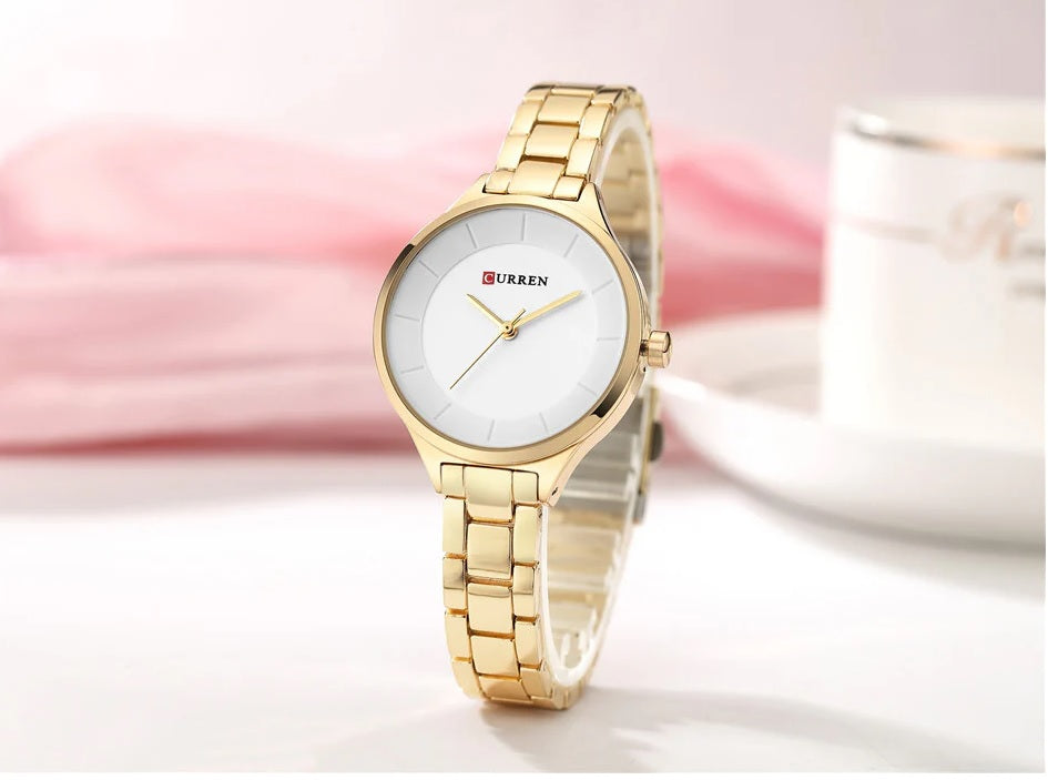 C-9015L Curren SILVER Dial Golden Stainless Chain Steel Analog Quartz Women's Watch.