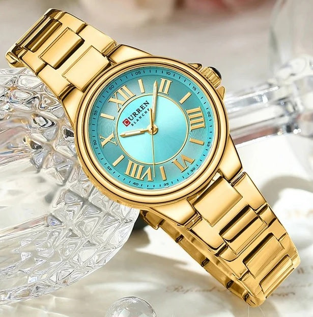 Quartz Women's C-9091L Curren SEA GREEN Dial Golden Stainless Steel AnalogWatch.