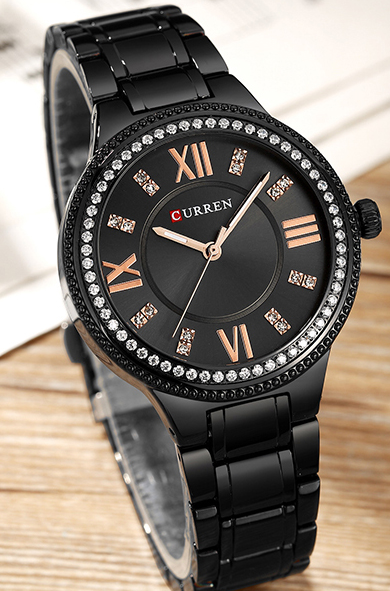 C-9004L Curren Black Dial Black Stainless Chain Steel Analog Quartz Women's Watch.
