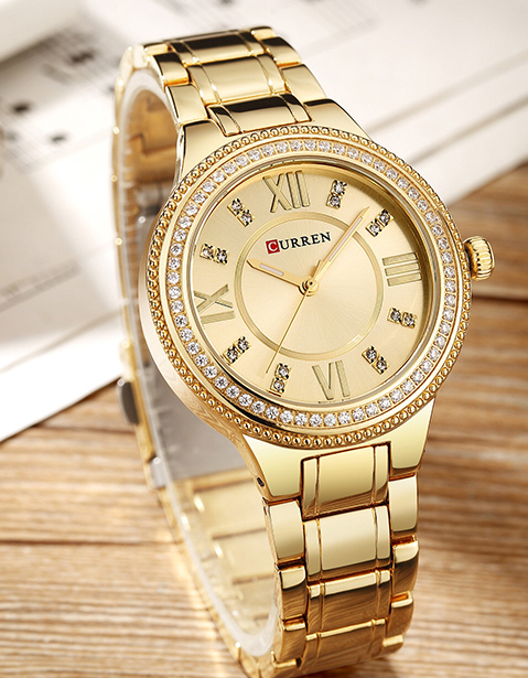 C-9004L Curren Golden Dial Golden Stainless Chain Steel Analog Quartz Women's Watch.