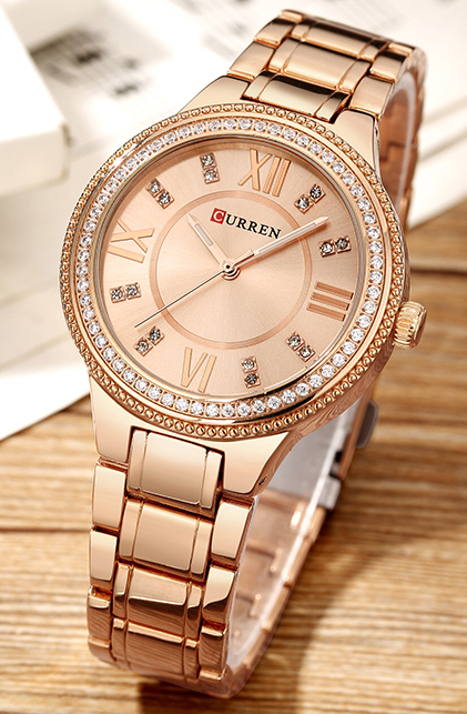 C-9004L Curren Rose-gold Dial R.G Stainless Chain Steel Analog Quartz Women's Watch.