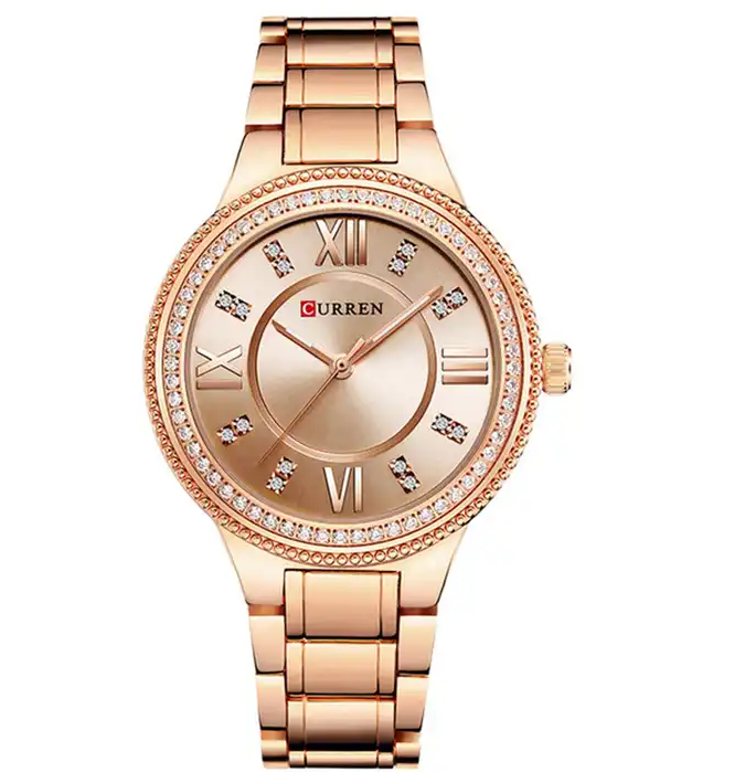 C-9004L Curren Rose-gold Dial R.G Stainless Chain Steel Analog Quartz Women's Watch.