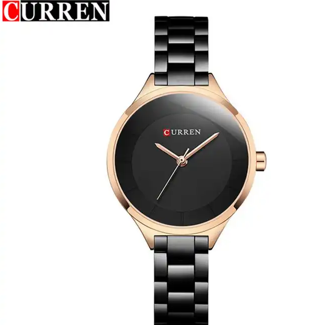 C-9015L Curren Black Dial Black Stainless Chain Steel Analog Quartz Women's Watch.