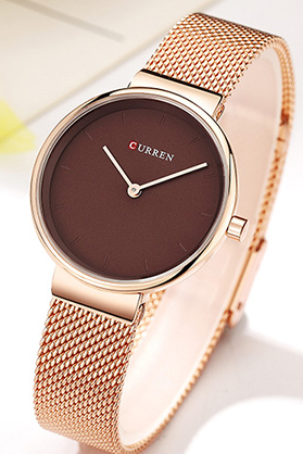 C9016L Curren Brown Dial Rose-gold Stainless Steel Band Analog Quartz Women's Watch.