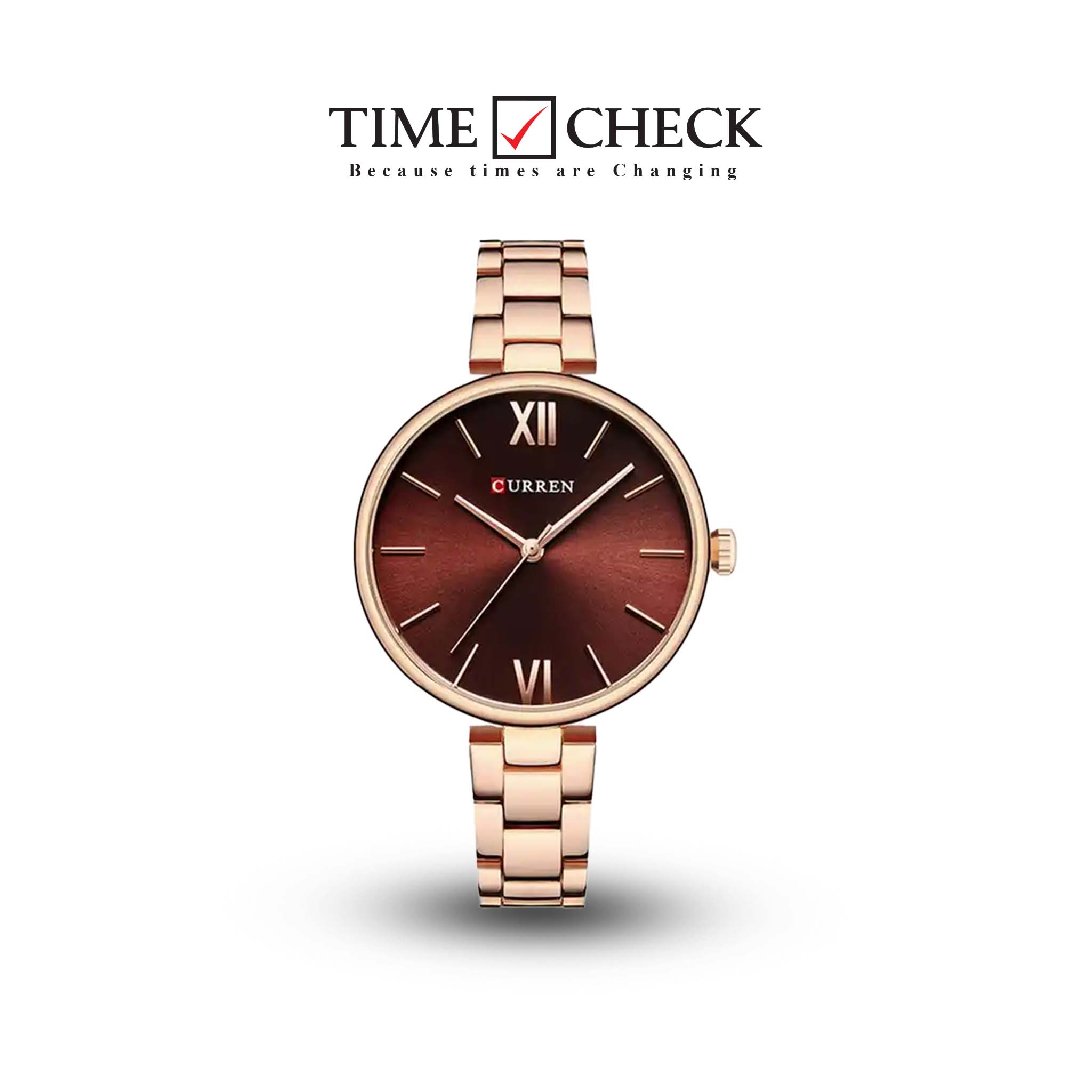 C9017L Curren Brown Dial Rose-gold Stainless Steel Chain Analog Quartz Women's Watch.