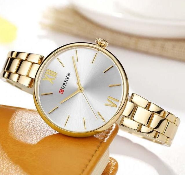 C9017L Curren white Dial & golden  Stainless Steel Chain Analog Quartz Women's Watch.
