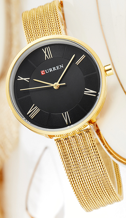 C9020L Curren Black Dial Golden Stainless Steel Band Analog Quartz Women's Watch.