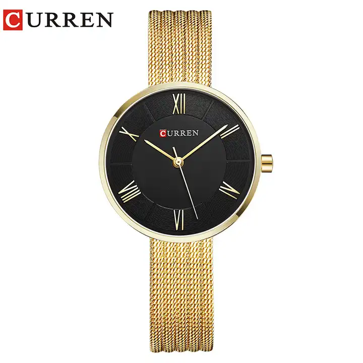 C9020L Curren Black Dial Golden Stainless Steel Band Analog Quartz Women's Watch.