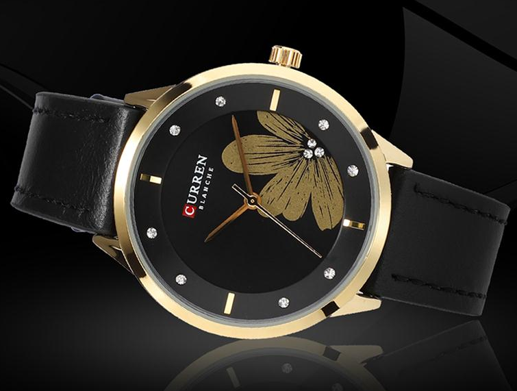C9048L Curren Black Dial Black Leather Strap Analog Quartz Women's Watch.