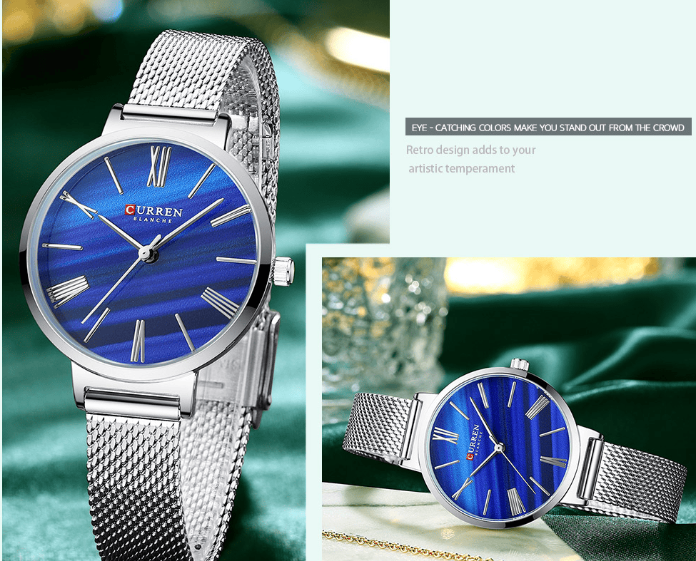 C9076L Curren Blue Dial Silver Stainless Steel Band Analog Quartz Women's Watch.