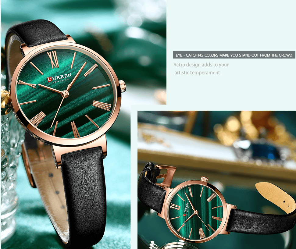 C9076L Curren Green Dial Black Leather Strap Analog Quartz Women's Watch.