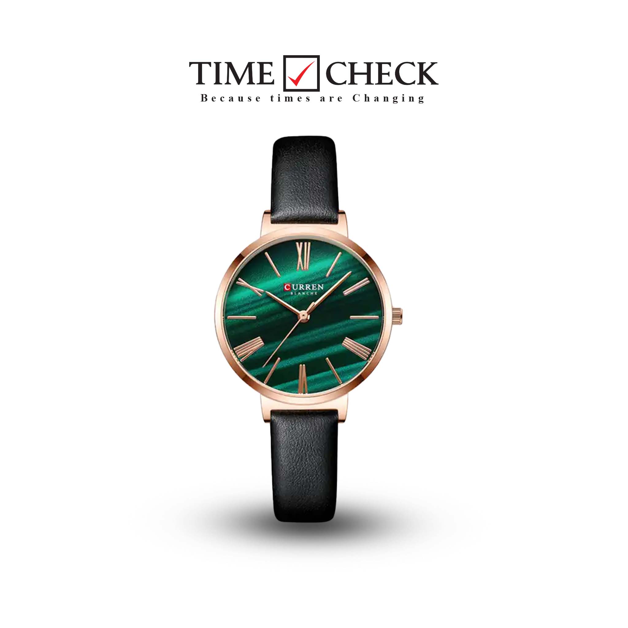 C9076L Curren Green Dial Black Leather Strap Analog Quartz Women's Watch.