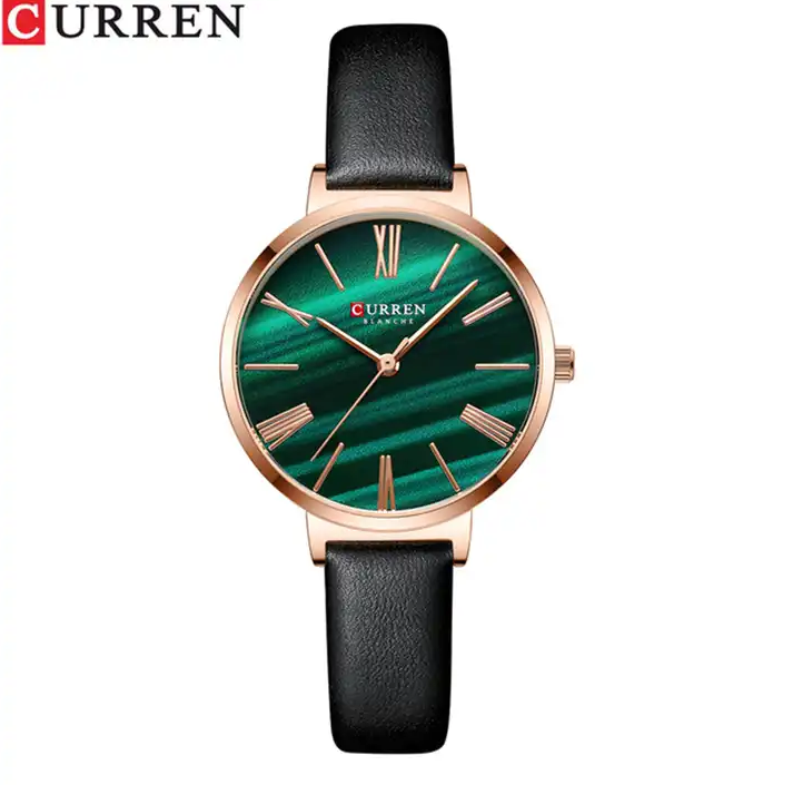 C9076L Curren Green Dial Black Leather Strap Analog Quartz Women's Watch.