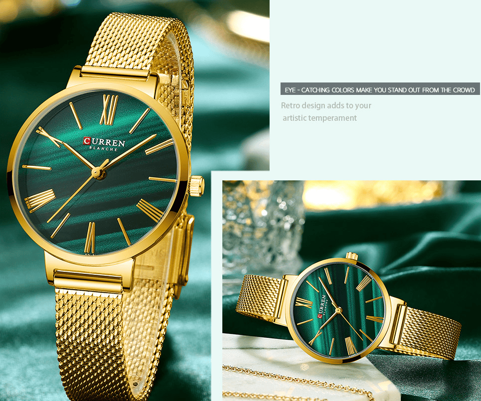 C9076L Curren Green Dial Golden Stainless Steel Band Analog Quartz Women's Watch.