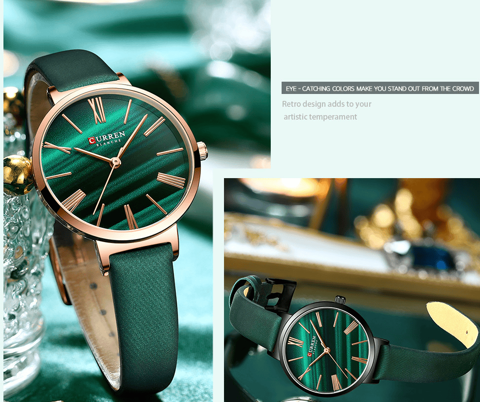 C9076L Curren Green Dial Green Leather Strap Analog Quartz Women's Watch.