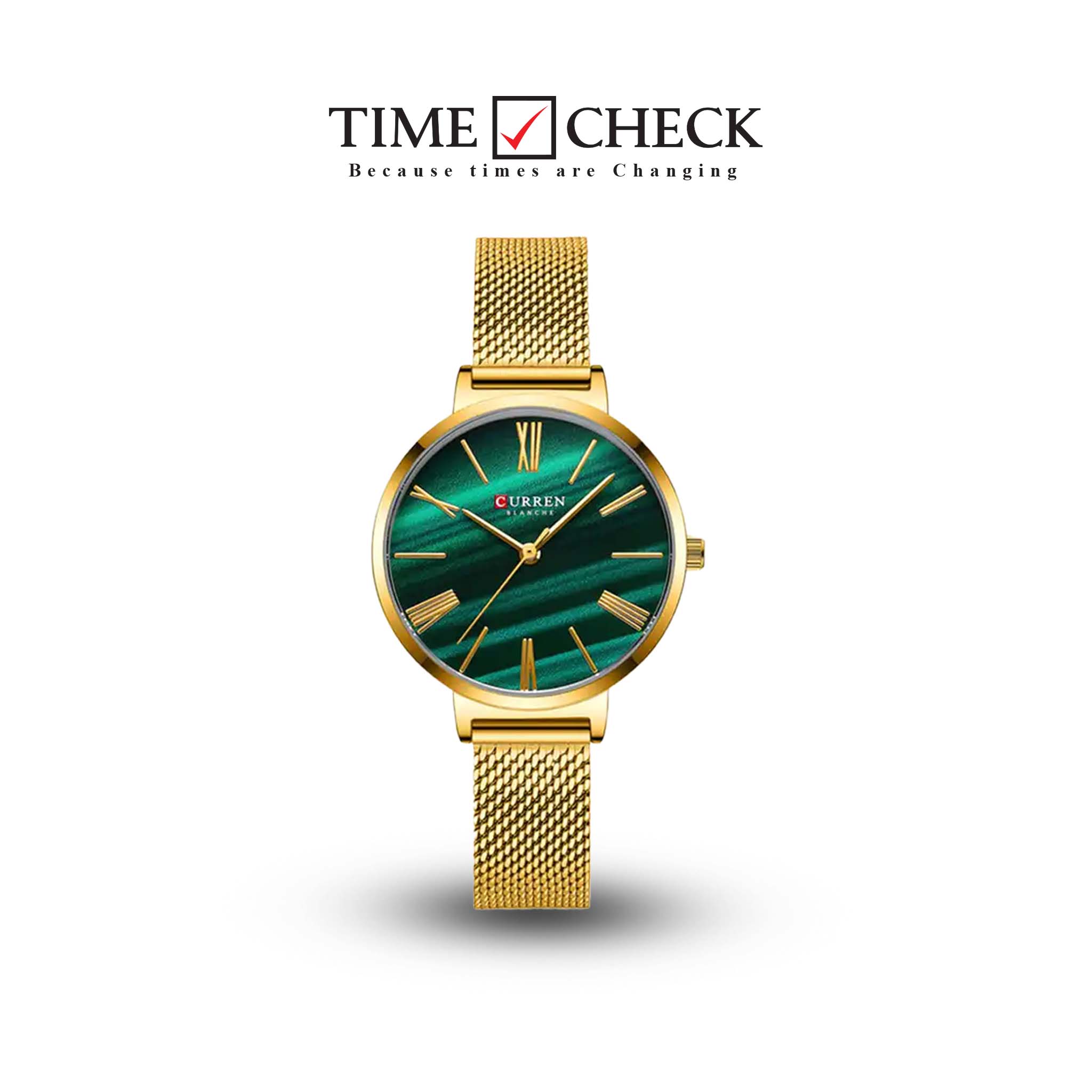 C9076L Curren Green Dial Golden Stainless Steel Band Analog Quartz Women's Watch.